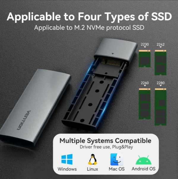 Vention M.2 NVMe SSD Enclosure USB-C 3.1 Gen 2 (KPGHO) – 10Gbps Aluminum External NVMe Case