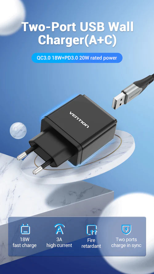 Vention Dual USB Wall Charger (2-Port) UK Plug | Fast Charging Adapter VEN-QC67-UK-B