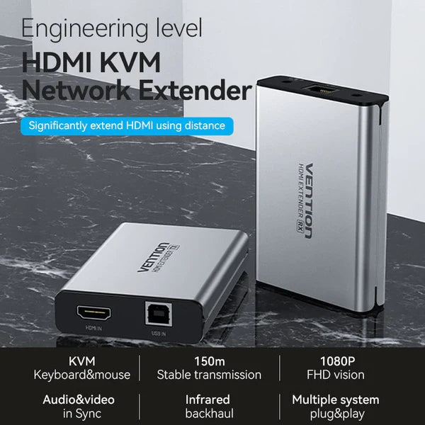 Vention HDMI Network Cable Extender 150M – High-Speed Gray Aluminum Alloy Extender for Long-Distance HDMI Transmission (AKBHO)