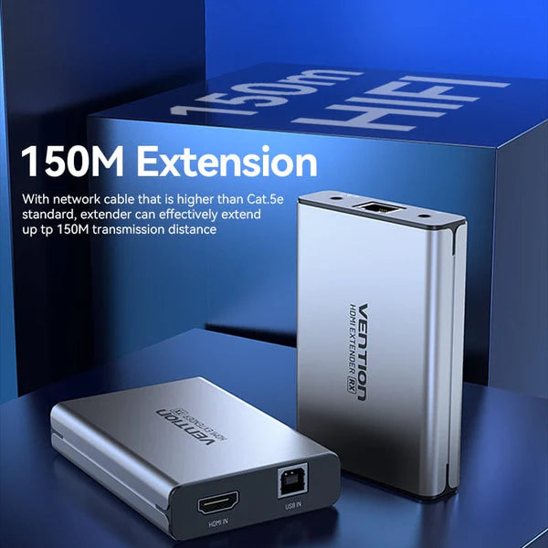 Vention HDMI Network Cable Extender 150M – High-Speed Gray Aluminum Alloy Extender for Long-Distance HDMI Transmission (AKBHO)