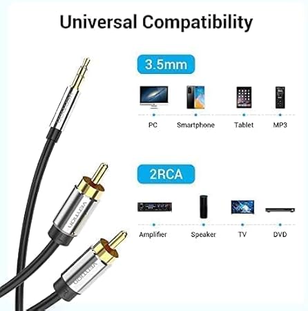Vention 3.5mm to Dual RCA Male Audio Cable 2m (BCLBH) – AUX to RCA Stereo Adapter