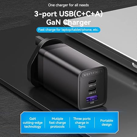 Vention 65W GaN USB-C Fast Charger 3-Port (C+C+A) UK Plug (FEDB0-UK) | PPS PD &amp; QC 4.0/3.0
