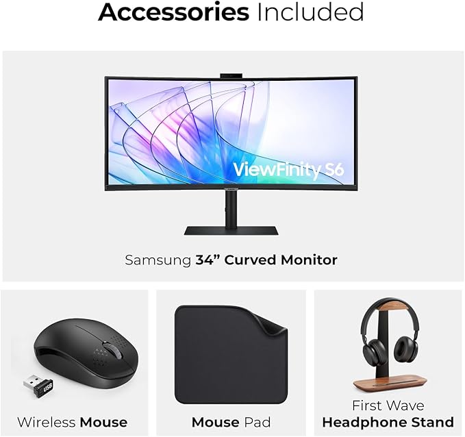 Samsung 34” S65VC ViewFinity Curved UltraWide QHD Monitor (LS34C650VAMXUE) – 21:9, USB-C, HDR10 – Free Headset Stand, Wireless Mouse &amp; Pad Bundle