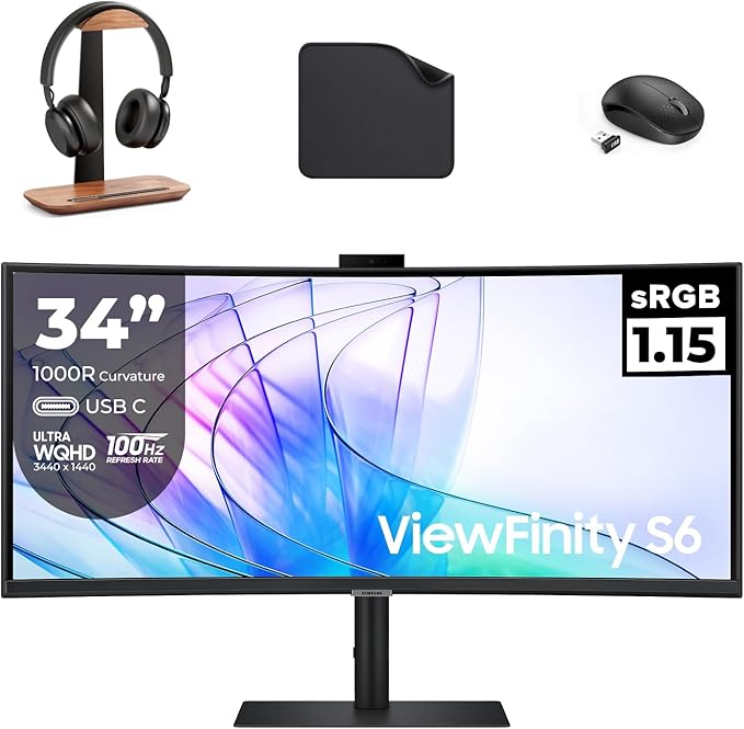 Samsung 34” S65VC ViewFinity Curved UltraWide QHD Monitor (LS34C650VAMXUE) – 21:9, USB-C, HDR10 – Free Headset Stand, Wireless Mouse &amp; Pad Bundle