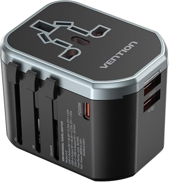 Vention 3-Port Universal Travel Adapter 20W USB-C Fast Charger (FJEB0) – Worldwide Plug, 18W USB-A Dual Ports