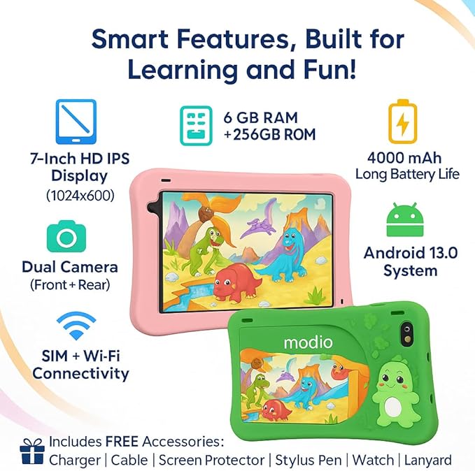 Modio M796 Kids Tablet – Android, 4GB RAM + 128GB Storage Educational Tablet