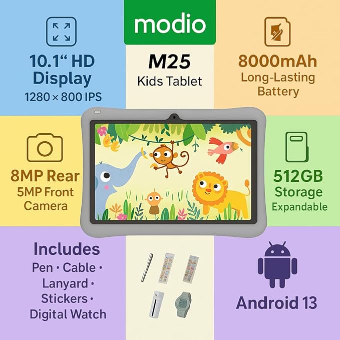 Modio M25 Kids Tablet 10.1-Inch HD Display – 8GB RAM Educational Android Tablet