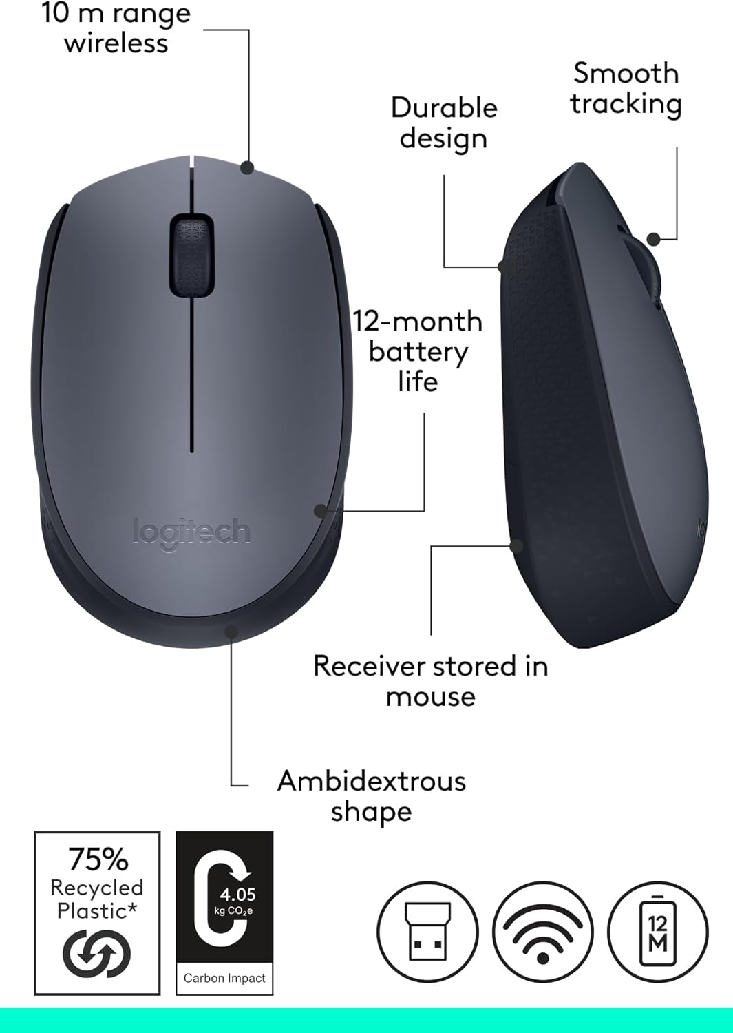 Logitech M170 Wireless Mouse – 2.4GHz Optical Computer Mouse for Office &amp; Gaming