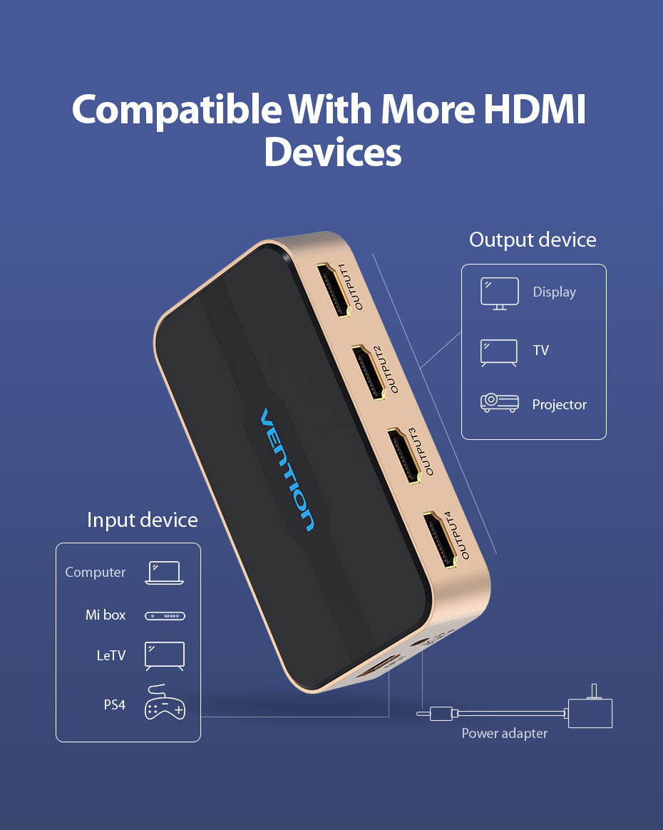 Vention 1x4 HDMI Splitter – Gold Aluminum Alloy, 1 Input to 4 Outputs, HDMI Video Distribution Hub (ACCGO)