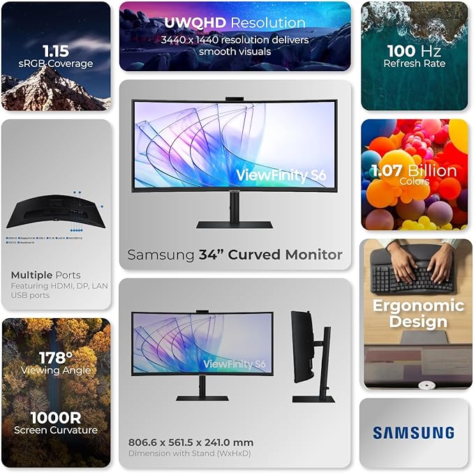 Samsung 34” S65VC ViewFinity Curved UltraWide QHD Monitor (LS34C650VAMXUE) – 21:9, USB-C, HDR10 – Free Headset Stand, Wireless Mouse &amp; Pad Bundle