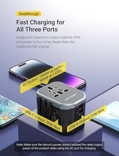 Vention 3-Port Universal Travel Adapter 20W USB-C Fast Charger (FJEB0) – Worldwide Plug, 18W USB-A Dual Ports