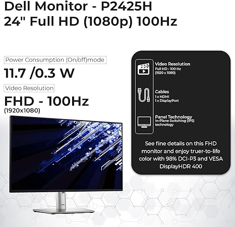Dell P2425H 24” FHD IPS Monitor – 1080p Full HD Display 100Hz with HDMI, DisplayPort, USB 3.0