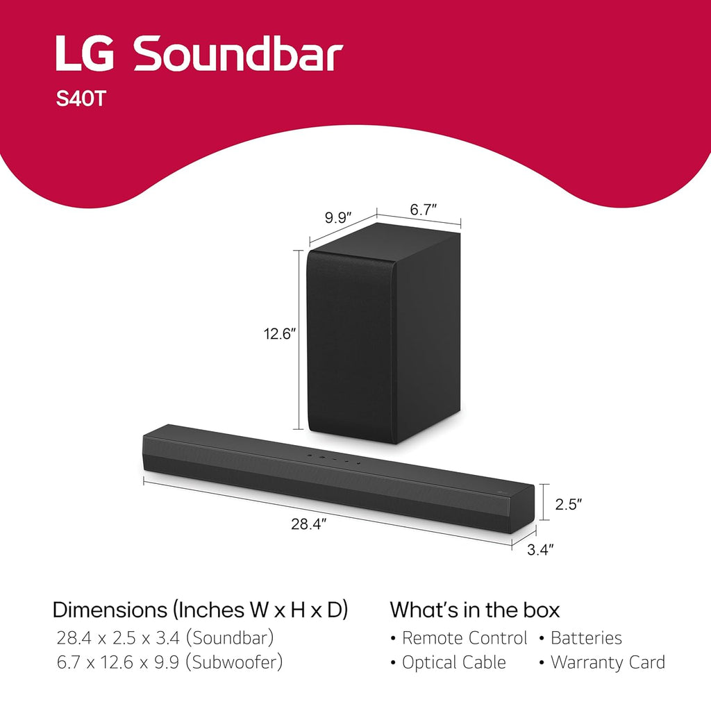 LG S40T 300W 2.1 Channel Soundbar for TV with Bluetooth®, Wireless Subwoofer &amp; AI Sound Pro