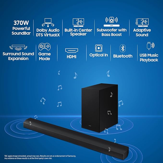 Samsung HW-B650D 3.1CH 370W Soundbar with Wireless Subwoofer – Dolby Audio &amp; Bluetooth