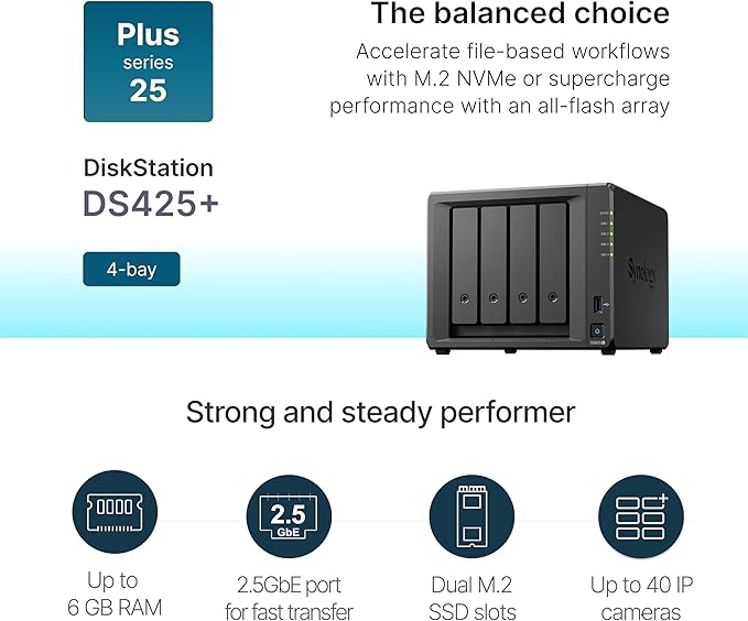 Synology DiskStation DS425+ 4-Bay NAS – High-Performance Network Attached Storage for Home &amp; Business