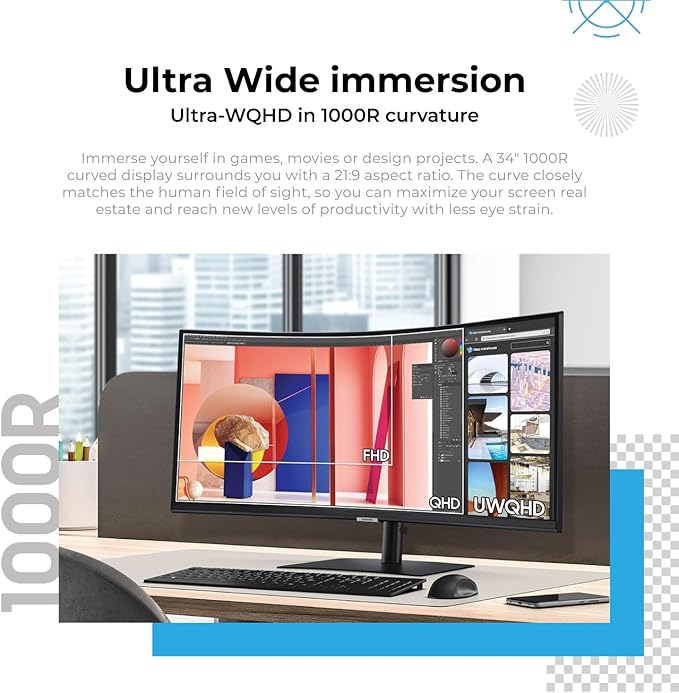 Samsung 34” S65VC ViewFinity Curved UltraWide QHD Monitor (LS34C650VAMXUE) – 21:9, USB-C, HDR10 – Free Headset Stand, Wireless Mouse &amp; Pad Bundle