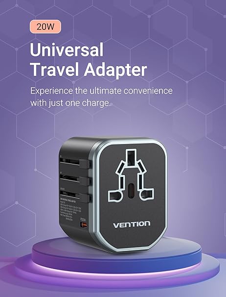 Vention 3-Port Universal Travel Adapter 20W USB-C Fast Charger (FJEB0) – Worldwide Plug, 18W USB-A Dual Ports