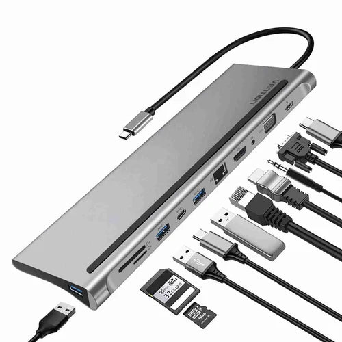 Vention 11-in-1 USB-C Docking Station (THTHC) – Multiport Hub with Dual HDMI, USB 3.0, SD/TF Reader, Ethernet & PD Charging