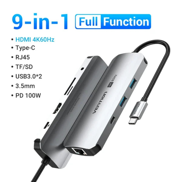 Vention 9-in-1 USB-C Docking Station (TQLHB) – 4K HDMI Hub with RJ45 Ethernet, USB 3.0 & 100W PD Charging