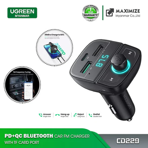 UGREEN CD229 Bluetooth Car Charger with PD &amp; QC3.0 – USB + TF Card FM Transmitter UG-80910