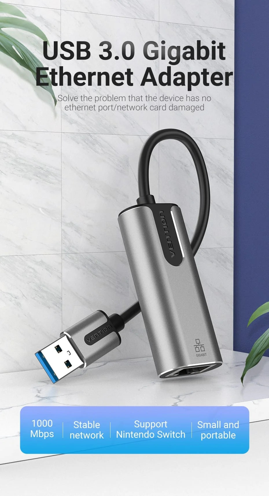 Vention CEWHB USB 3.0-A to Gigabit Ethernet Adapter Gray 0.15M