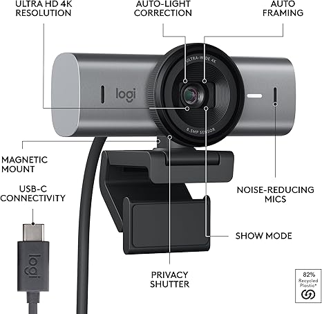 Logitech Brio Ultra HD 4K Webcam – 4K Streaming, HDR Video, and Built-In Microphone for PC &amp; Laptop