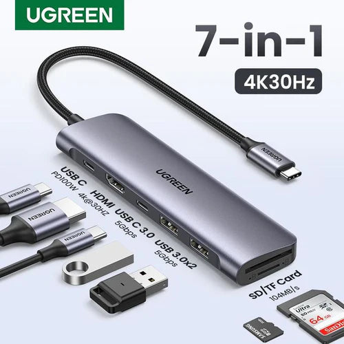 UGREEN CM195 7-in-1 USB-C Hub – 4K HDMI, USB 3.0, SD/TF Card Reader &amp; 100W PD (UG-15214)