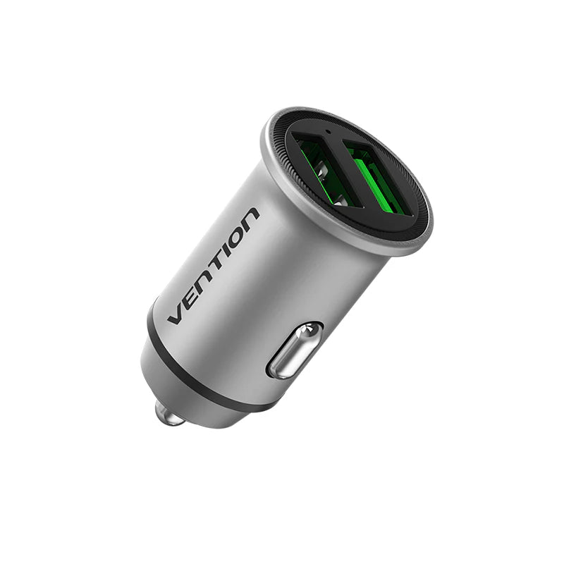 Vention 60W Dual USB-A Car Charger (30W+30W) – Mini Aluminum Alloy Fast Charging Adapter, Gray (FFFHO)