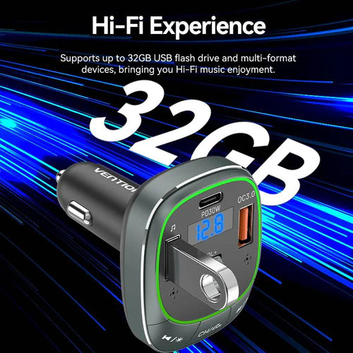 Vention FFLB0 3-Port USB-C/A/A Car Charger with FM Transmitter 30W Fast Charge (ABS Type)
