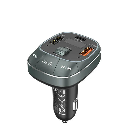 Vention FFLB0 3-Port USB-C/A/A Car Charger with FM Transmitter 30W Fast Charge (ABS Type)