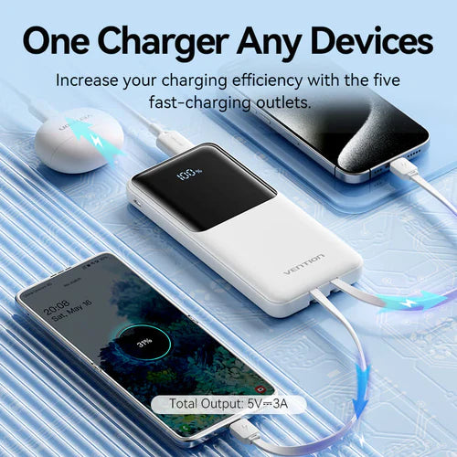 Vention FHOB0 10000mAh Power Bank 22.5W – USB-C, Lightning Cables, Multi-Port Fast Charging Portable Charger