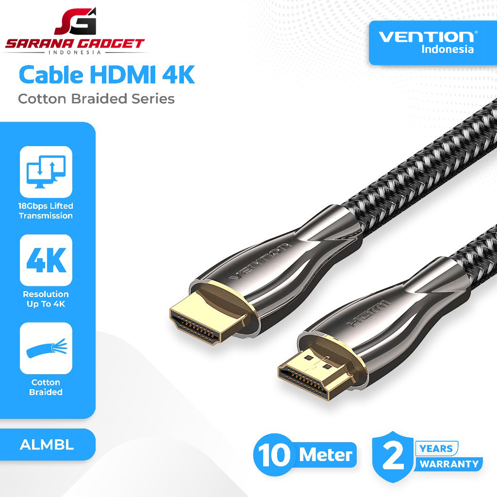 Vention Cotton Braided 4K HDMI Male to Male Cable (10m, Black Zinc Alloy) – ALMBL High-Speed Durable HDMI Cable for TV, Monitor & Gaming