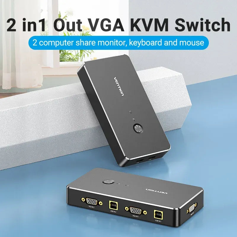 Vention 2-in-1 Out VGA KVM Switch (DBEBO) – Black Metal Type KVM Switch for Seamless Control of Two Computers
