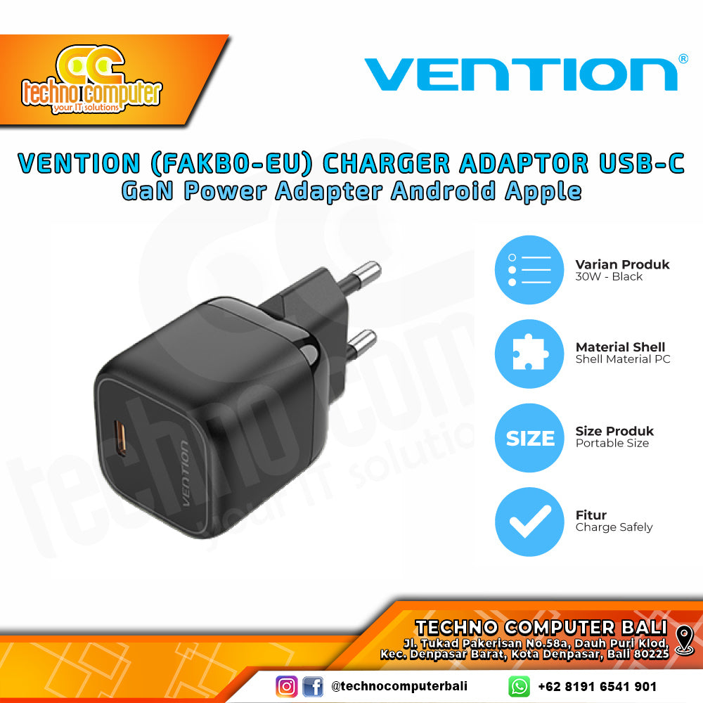 Vention 30W GaN USB-C Fast Charger – Single Port UK Plug (FAKB0-UK) - Compact Power Adapter for Phones &amp; Tablets