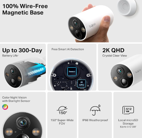 TP-Link Tapo C425 Solar-Powered Security Camera Kit with Wire-Free Design, Color Night Vision & Smart Motion Detection