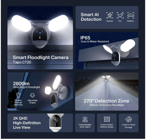 TP-Link Tapo C720 Smart Outdoor Floodlight Camera with 2K QHD Video, 2800-Lumen Lighting & AI Motion Detection