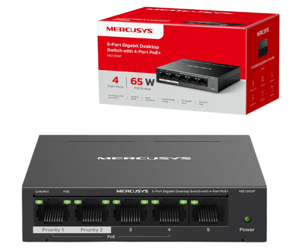Mercusys MS105GP 5-Port Gigabit PoE+ Desktop Switch with 4 PoE Ports for Cameras, Access Points & Smart Devices