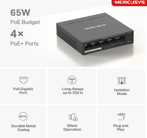 Mercusys MS105GP 5-Port Gigabit PoE+ Desktop Switch with 4 PoE Ports for Cameras, Access Points & Smart Devices