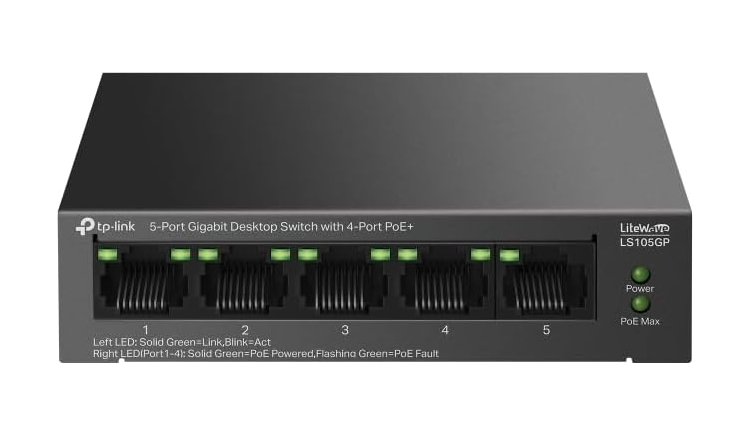 TP-Link LS105GP 5-Port Gigabit PoE+ Switch with 65W PoE Budget & Auto Recovery for IP Cameras and Network Devices