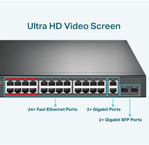 TP-Link TL-SL1226P 24-Port PoE+ Switch with 2 Gigabit Uplink Ports for Surveillance & Network Installations