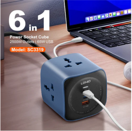 LDNIO SC3319 6-in-1 Power Socket Cube with 65W USB-C Fast Charging & 3 Universal Outlets (2500W)