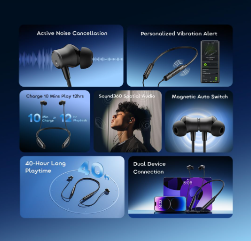 Oraimo OEP-611 Wireless Neckband Earphones with Comfortable Fit & Clear Stereo Sound
