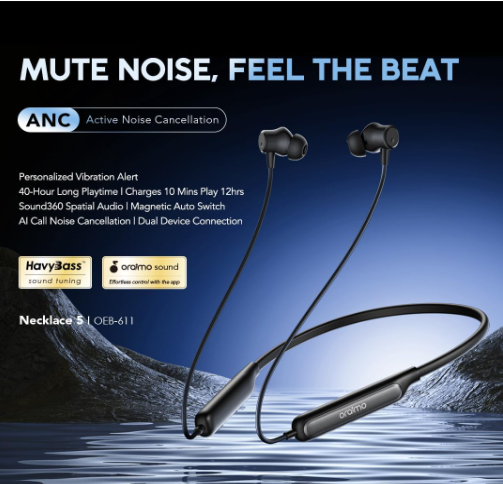 Oraimo OEP-611 Wireless Neckband Earphones with Comfortable Fit & Clear Stereo Sound
