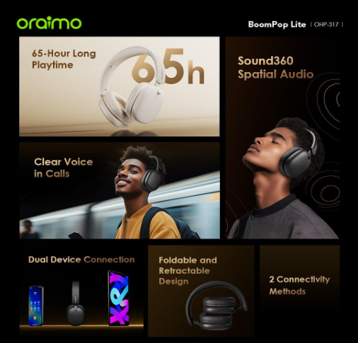 Oraimo BoomPop Lite OHP-317 Wireless Headphones – Deep Bass Audio, Lightweight Comfort & Extended Playtime