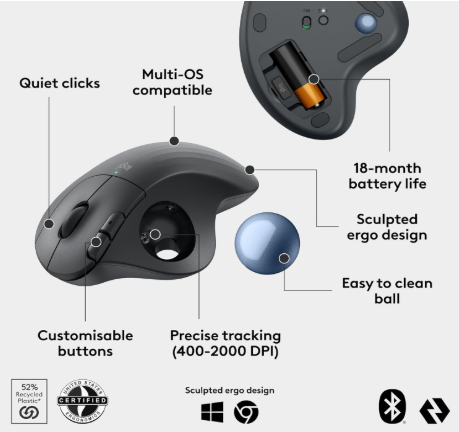 Logitech ERGO M575 Wireless Trackball Mouse – Sculpted Ergonomic Control, Thumb-Operated Precision & Workspace-Saving Design (910-005872)