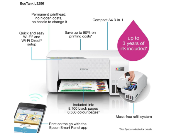 Epson EcoTank L3256 WiFi Ink Tank Printer – A4 Colour 3-in-1 All-in-One, SmartPanel App Connectivity, Compact White Design