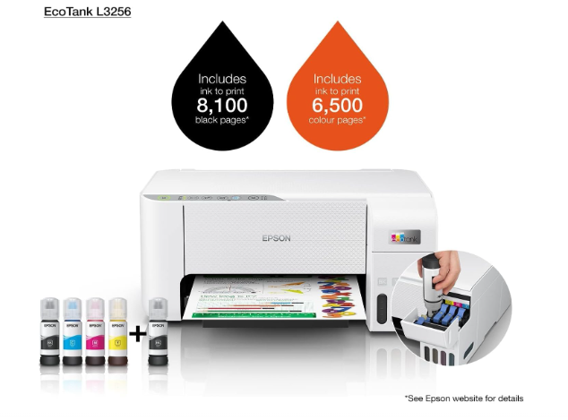 Epson EcoTank L3256 WiFi Ink Tank Printer – A4 Colour 3-in-1 All-in-One, SmartPanel App Connectivity, Compact White Design