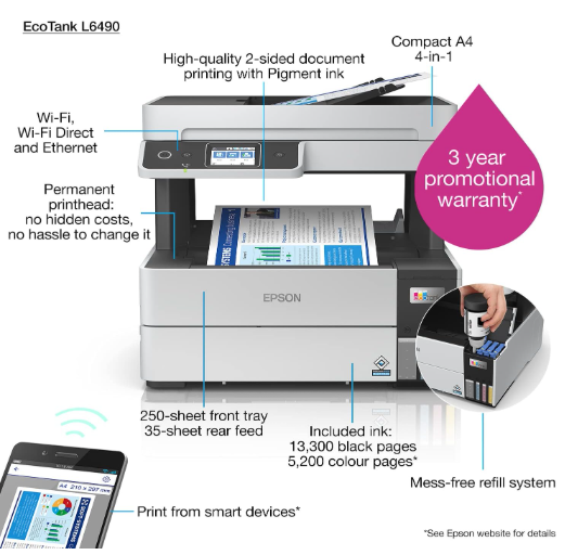 Epson EcoTank L6490 Wi-Fi Business Printer – Print, Scan, Copy & Fax with Ultra-High Yield Ink System for Office Productivity