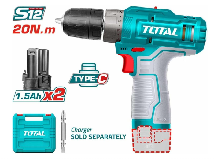 Total TDLI12202 12V Lithium-Ion Cordless Drill Kit – 20N Mechanical 2-Speed Drill with Dual 1.5Ah Batteries & High-Speed Performance