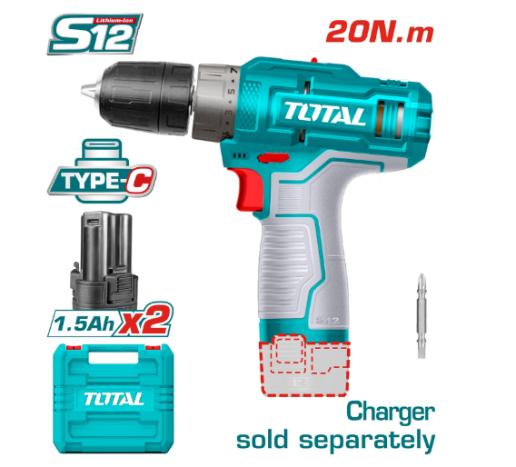 Total TDLI12202 12V Lithium-Ion Cordless Drill Kit – 20N Mechanical 2-Speed Drill with Dual 1.5Ah Batteries & High-Speed Performance